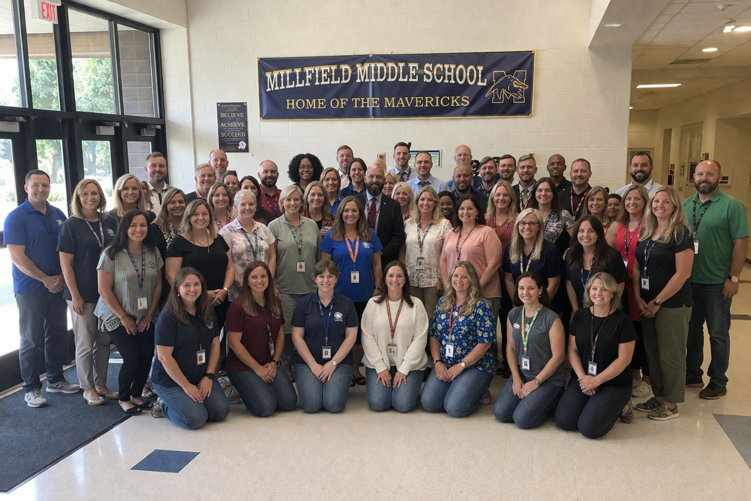 School staff behind Millfield Middle School sign